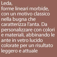 Leda,forme lineari morbide, con un motivo classico nella bugna che caratterizza l’anta. Da personalizzare con colori e materiali, abbinando le ante in vetro lucido colorate per un risultato leggero e attuale