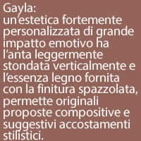 Gayla:
un’estetica fortemente personalizzata di grande impatto emotivo ha l’anta leggermente stondata verticalmente e l’essenza legno fornita con la finitura spazzolata, permette originali proposte compositive e suggestivi accostamenti stilistici. 