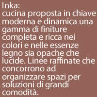Inka:
cucina proposta in chiave moderna e dinamica una gamma di finiture completa e ricca nei colori e nelle essenze legno sia opache che lucide. Linee raffinate che concorrono ad organizzare spazi per soluzioni di grandi comodità.