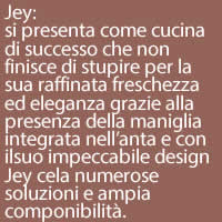 Jey:
si presenta come cucina di successo che non finisce di stupire per la sua raffinata freschezza ed eleganza grazie alla presenza della maniglia integrata nell’anta e con ilsuo impeccabile design Jey cela numerose soluzioni e ampia componibilità.