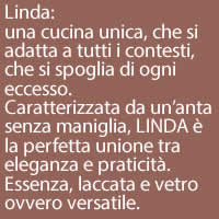 Linda:
una cucina unica, che si adatta a tutti i contesti, che si spoglia di ogni eccesso.
Caratterizzata da un’anta senza maniglia, LINDA è la perfetta unione tra eleganza e praticità. Essenza, laccata e vetro ovvero versatile.