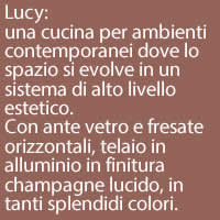 Lucy:
una cucina per ambienti contemporanei dove lo spazio si evolve in un sistema di alto livello estetico. 
Con ante vetro e fresate orizzontali, telaio in alluminio in finitura champagne lucido, in tanti splendidi colori.