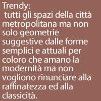 Trendy:
 tutti gli spazi della città metropolitana ma non solo geometrie suggestive dalle forme semplici e attuali per coloro che amano la modernità ma non vogliono rinunciare alla raffinatezza ed alla classicità. 