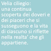 Velia ciliegio:
una continua scoperta dei doveri e dei piaceri che si susseguono e la vita di ciascuno si riflette nella realta’ che gli appartiene.